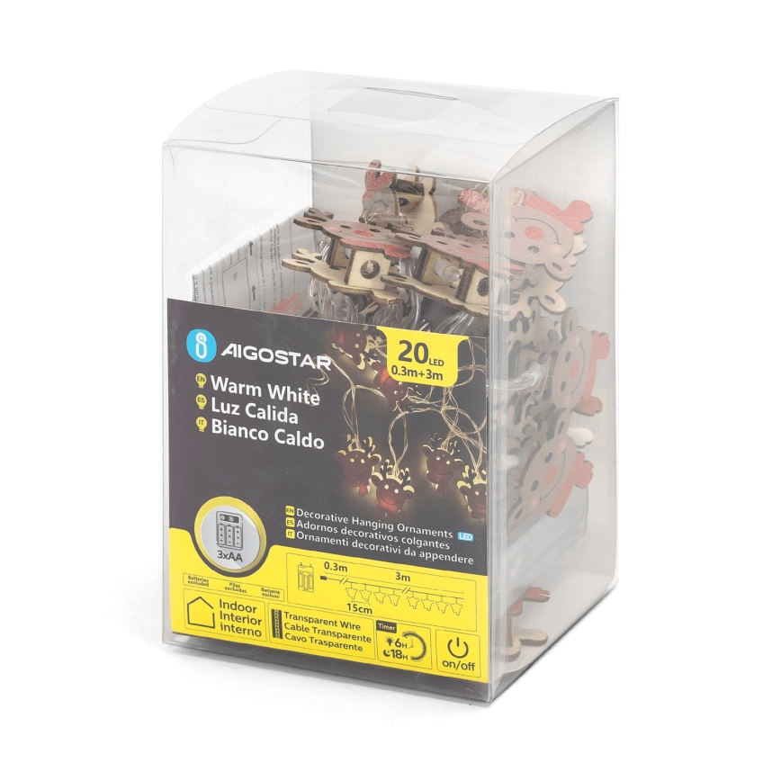 Aigostar - LED fényfüzér 20xLED/3xAA 3m meleg fehér rénszarvas
