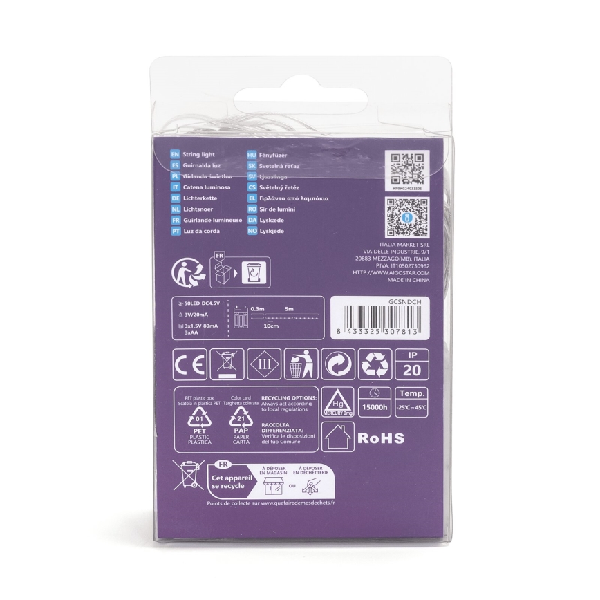 Aigostar - LED fényfüzér 50 LED / 3x AA, 5,3 m, meleg fehér