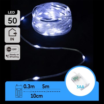 Aigostar - LED fényfüzér 50xLED/3xAA 5,3m hideg fehér