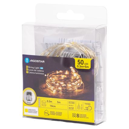 Aigostar - LED kültéri fényfüzér 50xLED/3xAA 5,3 m meleg fehér