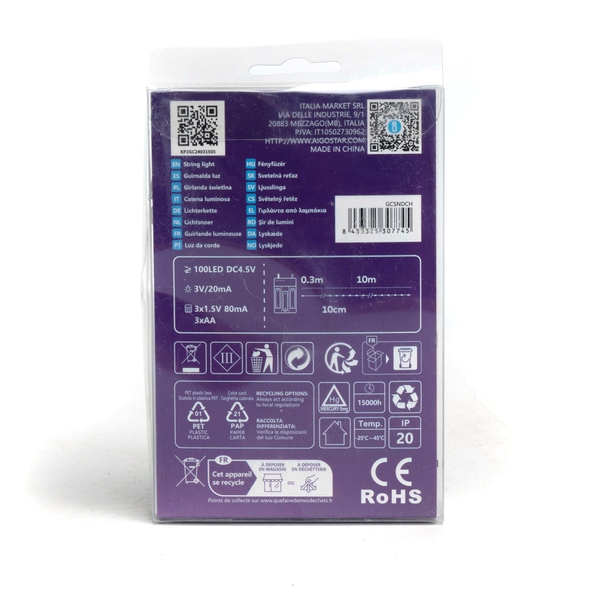 Aigostar - LED Karácsonyi fényfüzér 100xLED/3xAA 10,3m hideg fehér