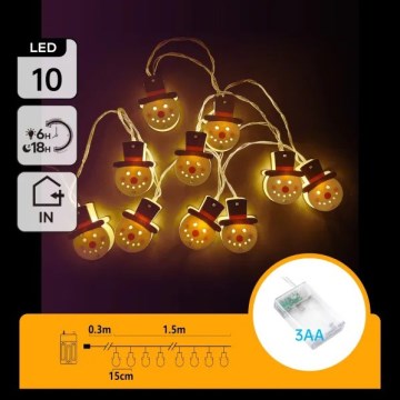 Aigostar - LED karácsonyi fényfüzér 10xLED/3xAA 1,5 m meleg fehér hóember