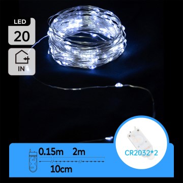 Aigostar - LED karácsonyi fényfüzér 20xLED/2x3V 2m hideg fehér