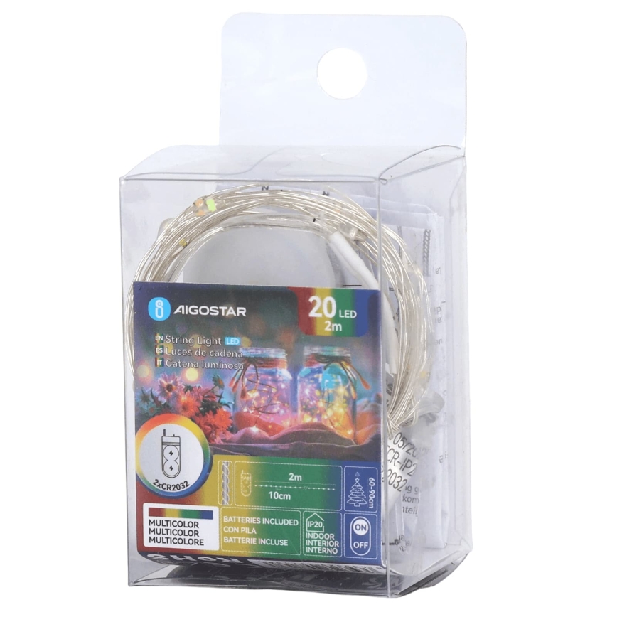 Aigostar - LED karácsonyi fényfüzér 20xLED/2xCR2032 2m többszínű