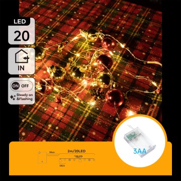 Aigostar - LED karácsonyi fényfüzér 20xLED/3xAA 2 m meleg fehér
