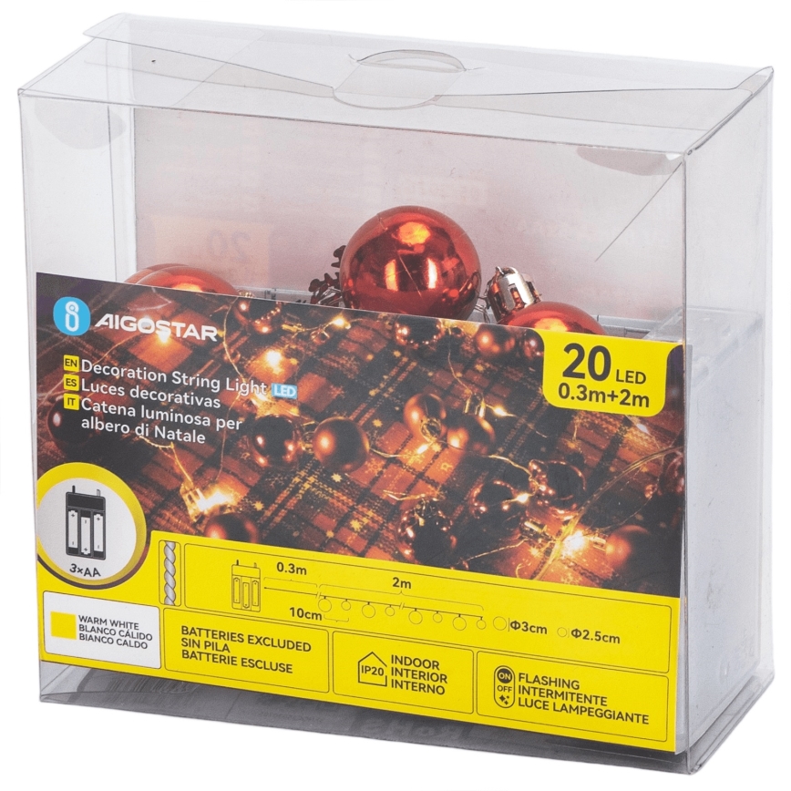 Aigostar - LED karácsonyi fényfüzér 20xLED/3xAA 2m meleg fehér