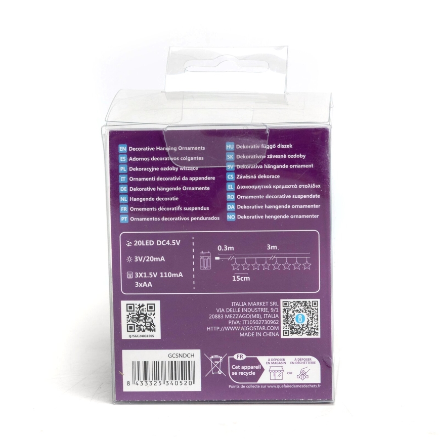 Aigostar - LED Karácsonyi fényfüzér 20xLED/3xAA 3,3m csillagok