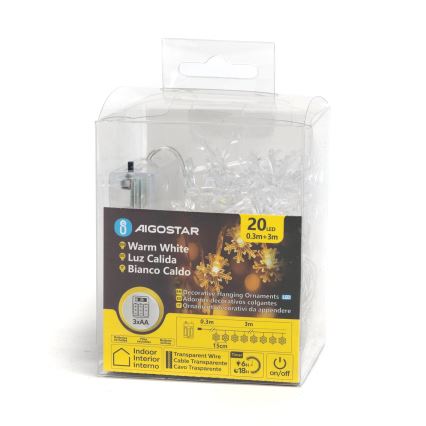 Aigostar - LED karácsonyi fényfüzér 20xLED/3xAA 3,3m hópelyhek