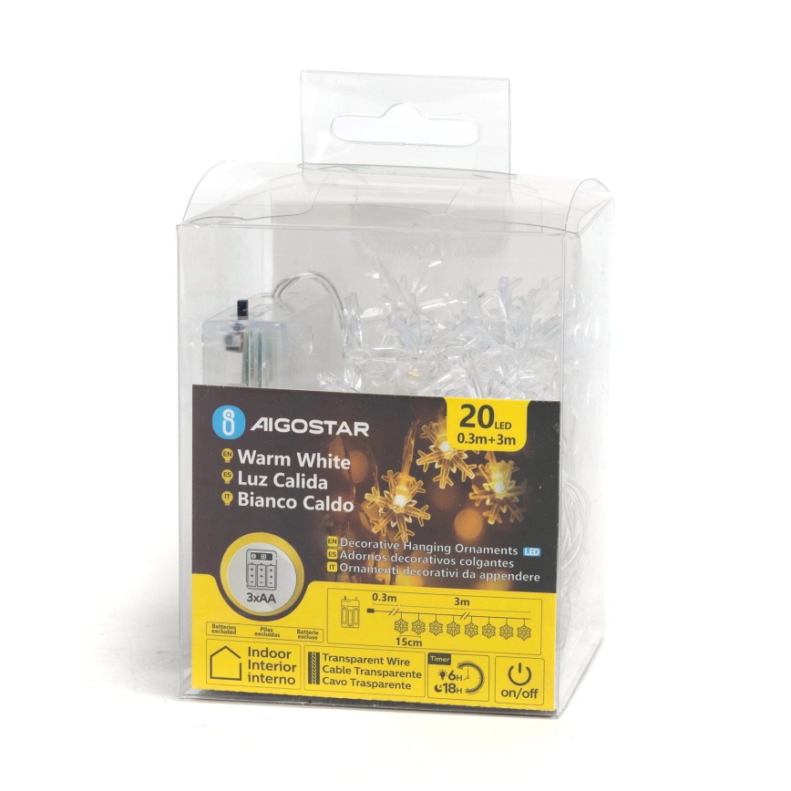 Aigostar - LED karácsonyi fényfüzér 20xLED/3xAA 3,3m hópelyhek