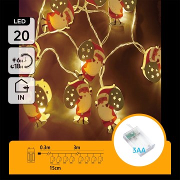 Aigostar - LED karácsonyi fényfüzér 20xLED/3xAA 3m meleg fehér Santa Claus
