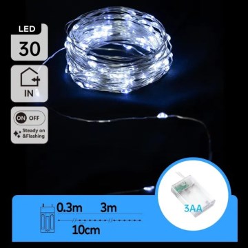 Aigostar - LED karácsonyi fényfüzér 30xLED/3xAA 3,3 m hideg fehér