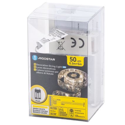 Aigostar - LED karácsonyi fényfüzér 50xLED/3xAA 5 m meleg fehér ezüst