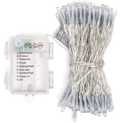 Aigostar - LED Karácsonyi kültéri lánc 100xLED/8 funkció/3xAA 10,3m IP44 hideg fehér