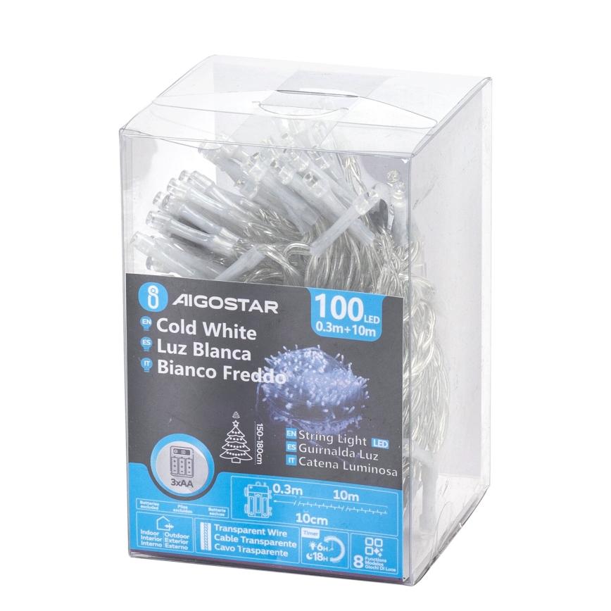 Aigostar - LED Karácsonyi kültéri lánc 100xLED/8 funkció/3xAA 10,3m IP44 hideg fehér