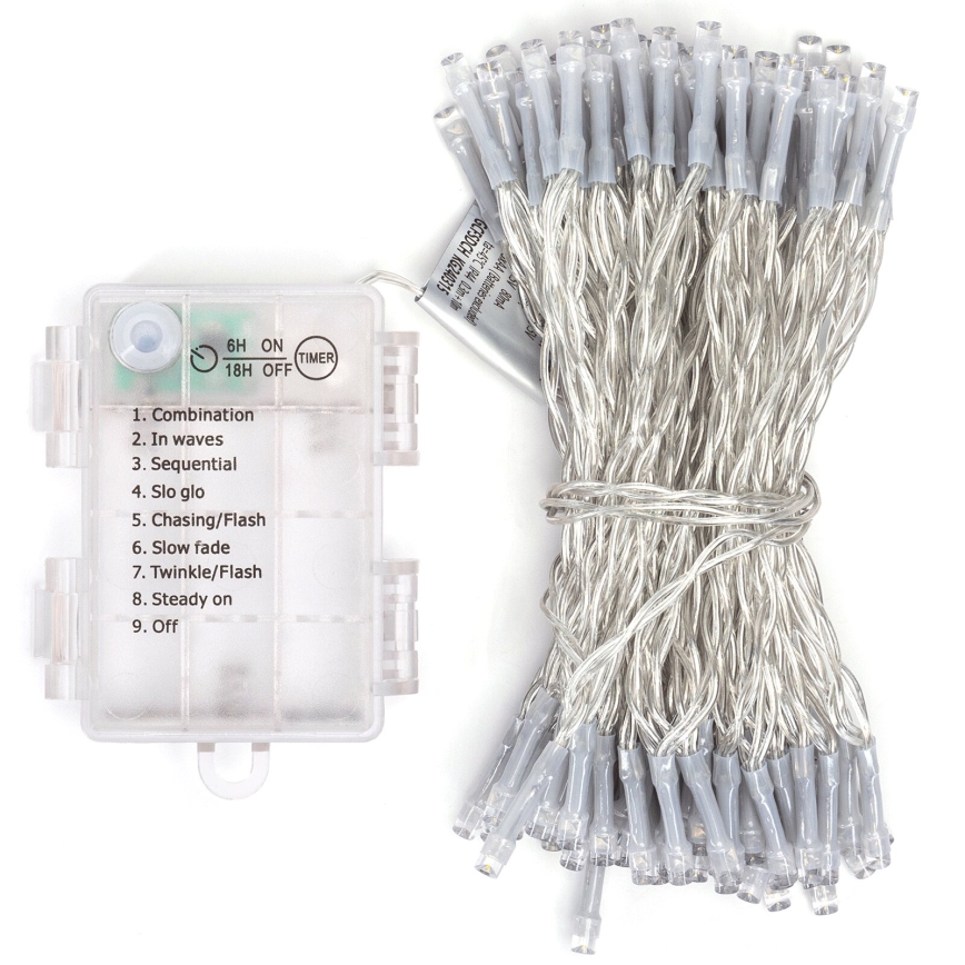 Aigostar -LED Karácsonyi kültéri lánc 100xLED/8 funkció 3xAA 10,3m IP44 meleg fehér