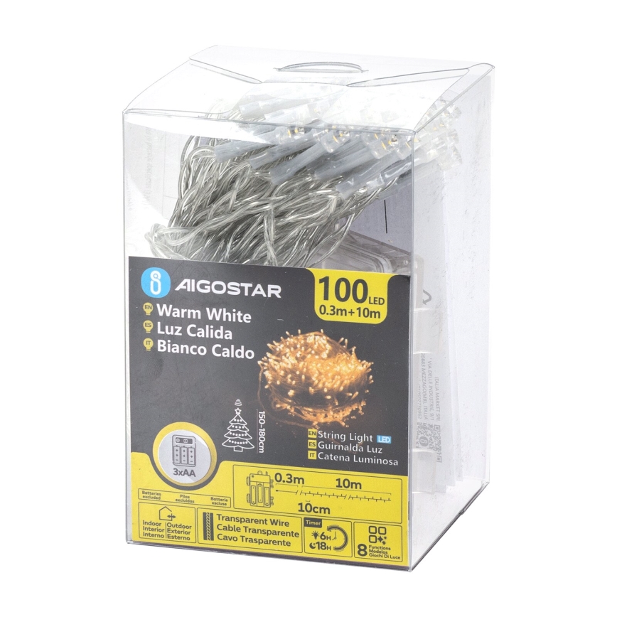 Aigostar -LED Karácsonyi kültéri lánc 100xLED/8 funkció 3xAA 10,3m IP44 meleg fehér