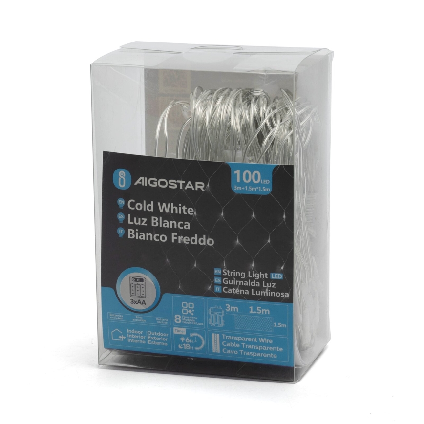 Aigostar -LED Karácsonyi kültéri lánc 100xLED/8 funkció/3xAA 4,5x1,5m IP44 hideg fehér