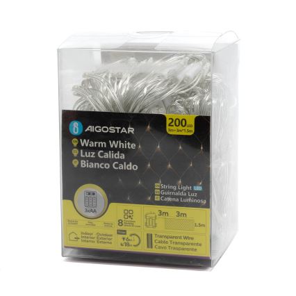 Aigostar-LED Karácsonyi kültéri lánc 200xLED/8 funkció 3xAA 6x1,5m IP44 meleg fehér
