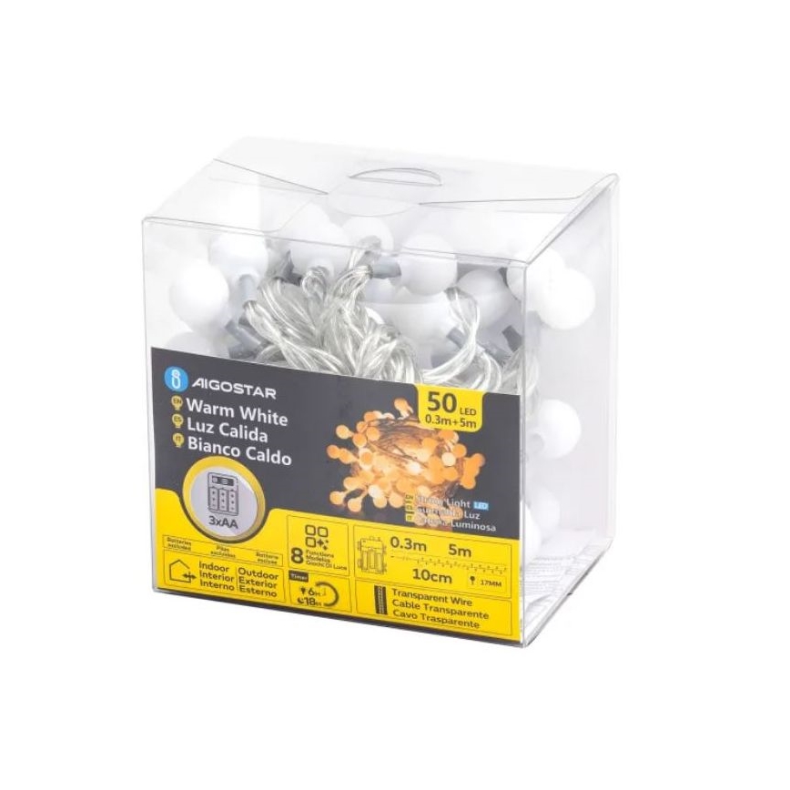 Aigostar - LED Karácsonyi kültéri lánc 50xLED/3xAA/8 funkció 5,3 m IP44 meleg fehér