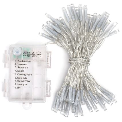 Aigostar -LED Karácsonyi kültéri lánc 50xLED/8 funkció 3xAA 5,3m IP44 hideg fehér