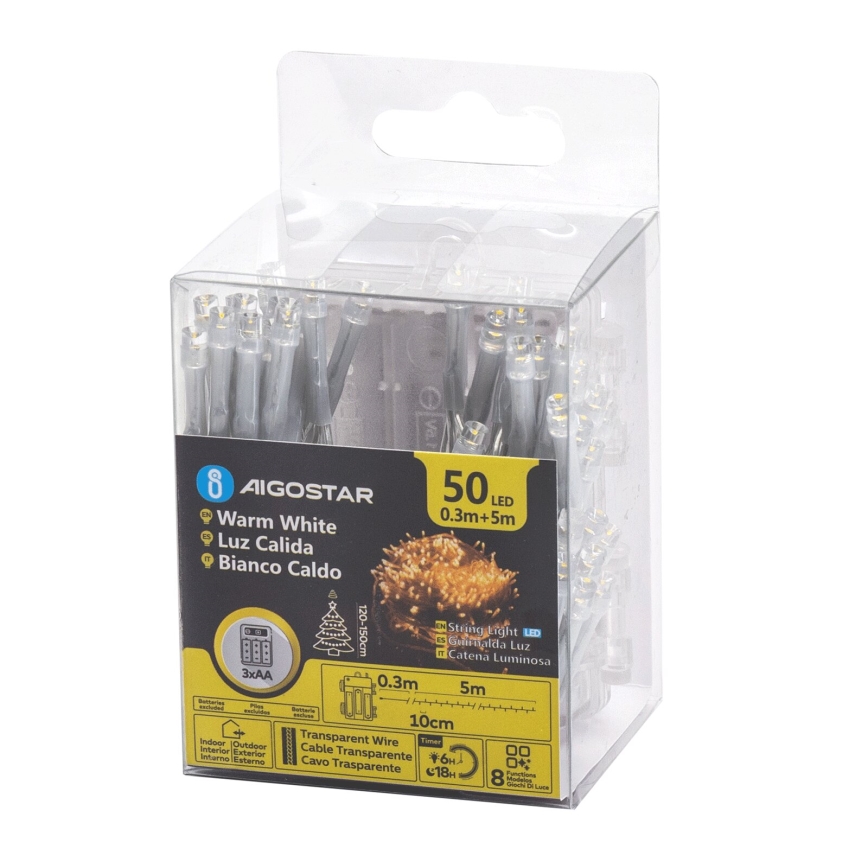 Aigostar - LED Karácsonyi kültéri lánc 50xLED/8 funkció 3xAA 5,3m IP44 meleg fehér