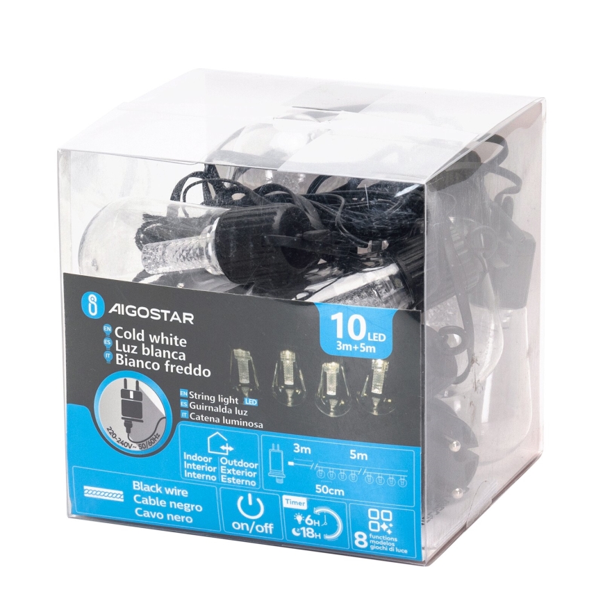 Aigostar - LED kültéri dekorációs fényfüzér 10xLED/8m IP44 hideg fehér