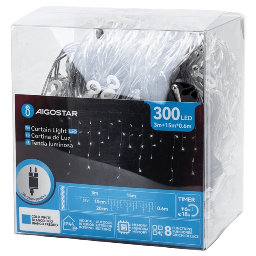 Aigostar - LED kültéri dekorációs fényfüzér 300xLED/6W/230V 15x0,6m IP44 hideg fehér