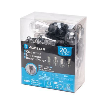 Aigostar - LED kültéri dekorációs füzér 20xLED/13m IP44 hideg fehér
