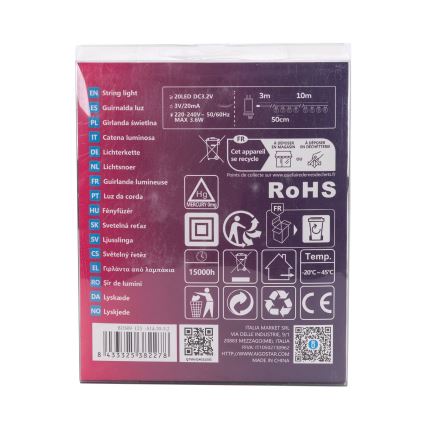 Aigostar - LED kültéri dekorációs füzér 20xLED/13m IP44 hideg fehér