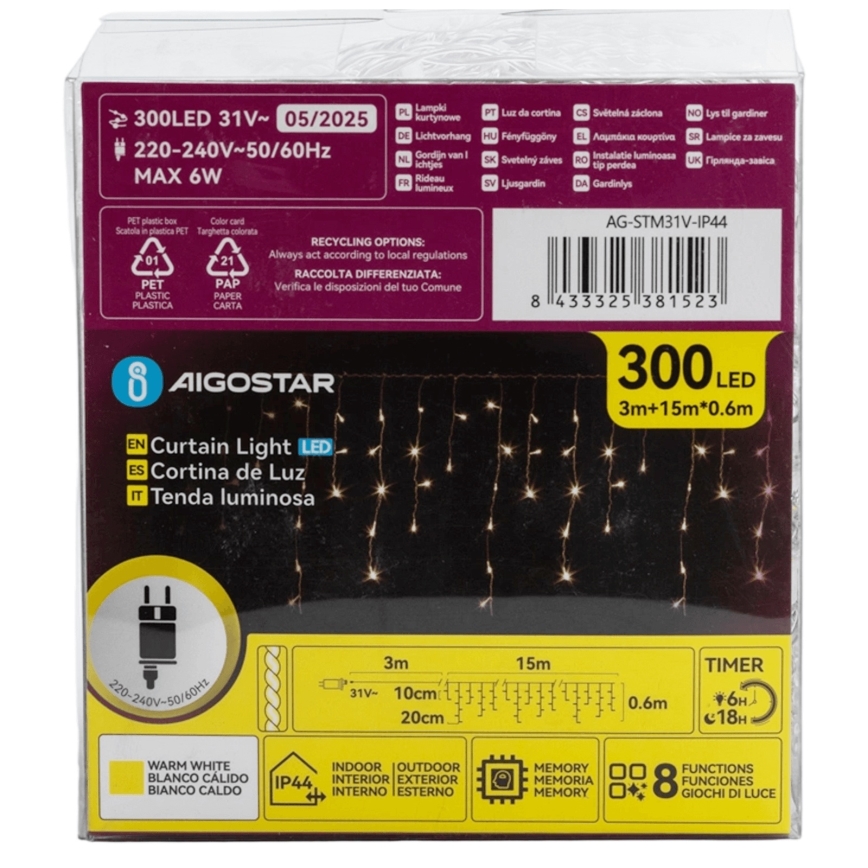 Aigostar - LED Kültéri dekoratív lánc 75xLED/6W/230V 15x0,6m IP44 meleg fehér