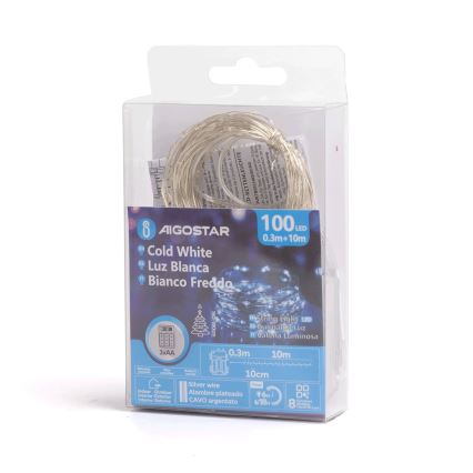 Aigostar - kültéri LED fényfüzér 100xLED/8 funkciós/3xAA 10,3m IP44 hideg fehér