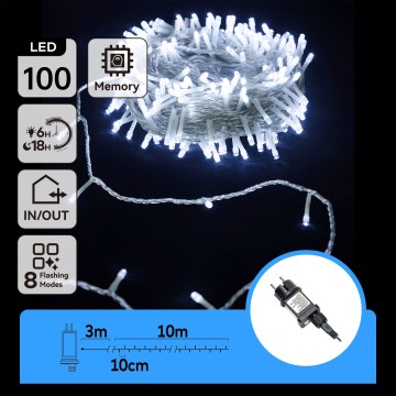 Aigostar - LED kültéri fényfüzér, 100 LED, 8 funkciós, 13 m, IP44, hideg fehér