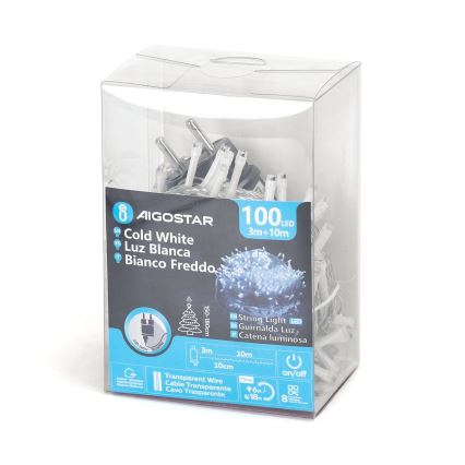 Aigostar - LED kültéri fényfüzér, 100 LED, 8 funkciós, 13 m, IP44, hideg fehér