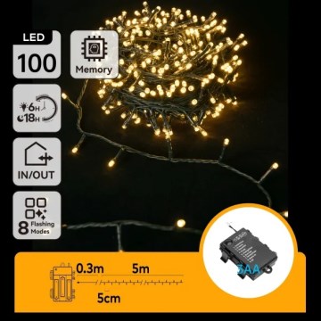 Aigostar - LED kültéri fényfüzér 100 LED/8 üzemmód 3xAA 5,3 m IP44 meleg fehér