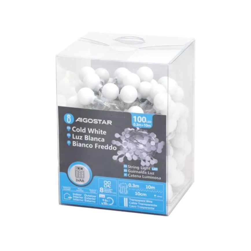 Aigostar - LED kültéri fényfüzér 100xLED/3xAA/8 világítási mód 10,3 m IP44 hideg fehér