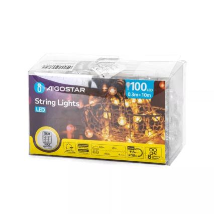 Aigostar - LED kültéri fényfüzér 100xLED/3xAA/8 üzemmód 10,3 m IP44 meleg fehér