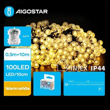 Aigostar - LED kültéri fényfüzér 100xLED/3xAA/8 üzemmód 10,3 m IP44 meleg fehér