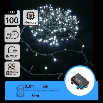 Aigostar - LED kültéri fényfüzér 100xLED/8 funkció 3xAA 5,3 m IP44 hideg fehér