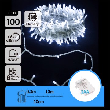 Aigostar - LED kültéri fényfüzér 100xLED/8 funkciós/3xAA 10,3 m IP44 hideg fehér