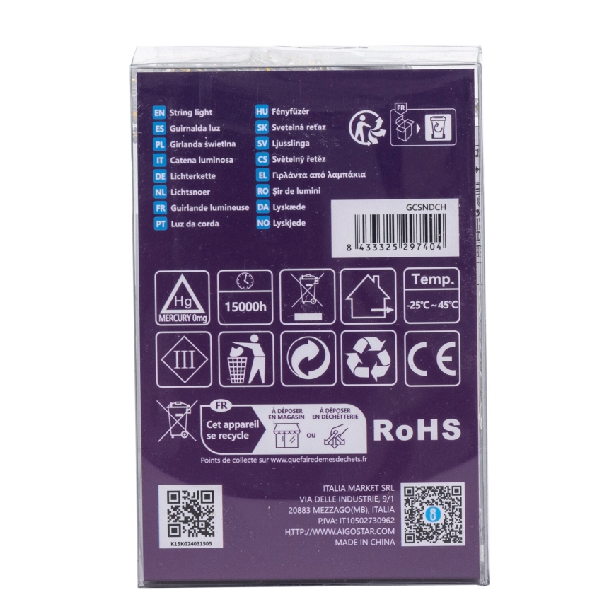 Aigostar -LED kültéri fényfüzér 100xLED/8 üzemmód 3xAA 10,3m IP44 meleg fehér