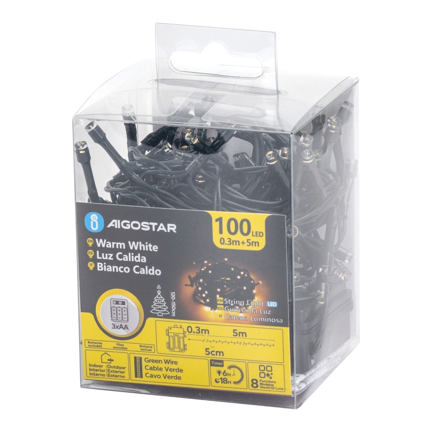 Aigostar - LED kültéri fényfüzér 100 LED/8 üzemmód 3xAA 5,3 m IP44 meleg fehér