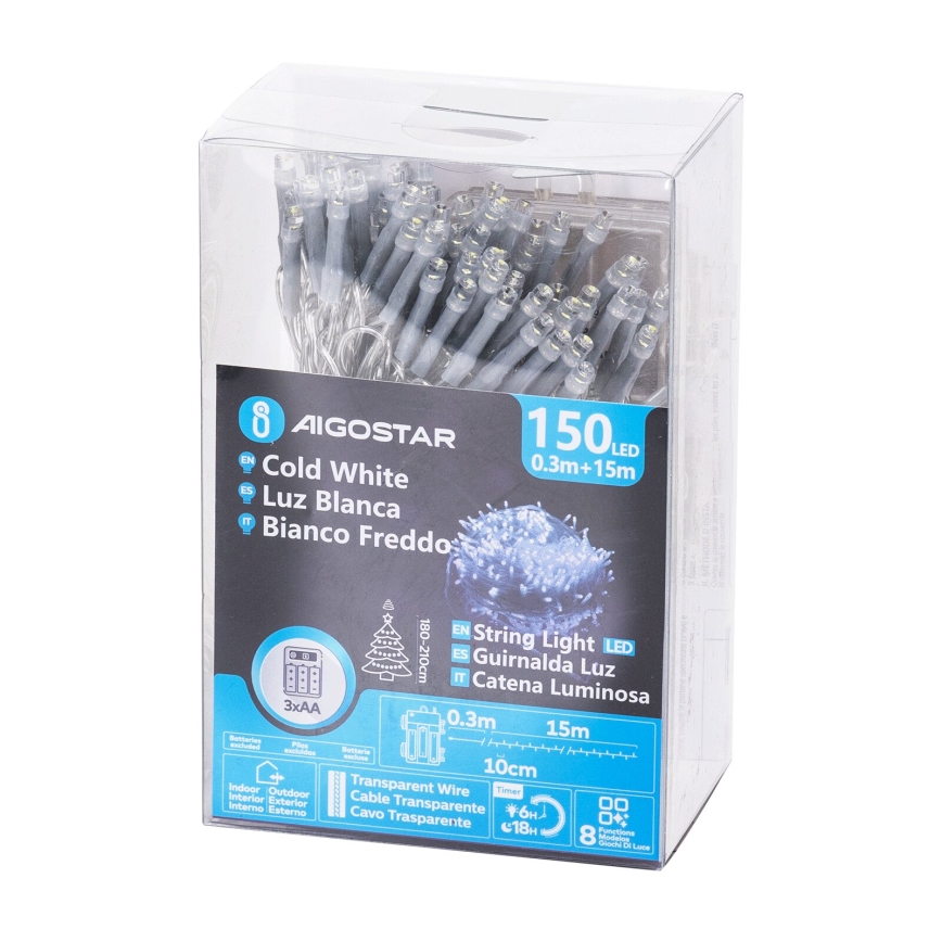 Aigostar - LED kültéri fényfüzér, 150 LED, 8 funkció, 15,3 m, IP44, hideg fehér