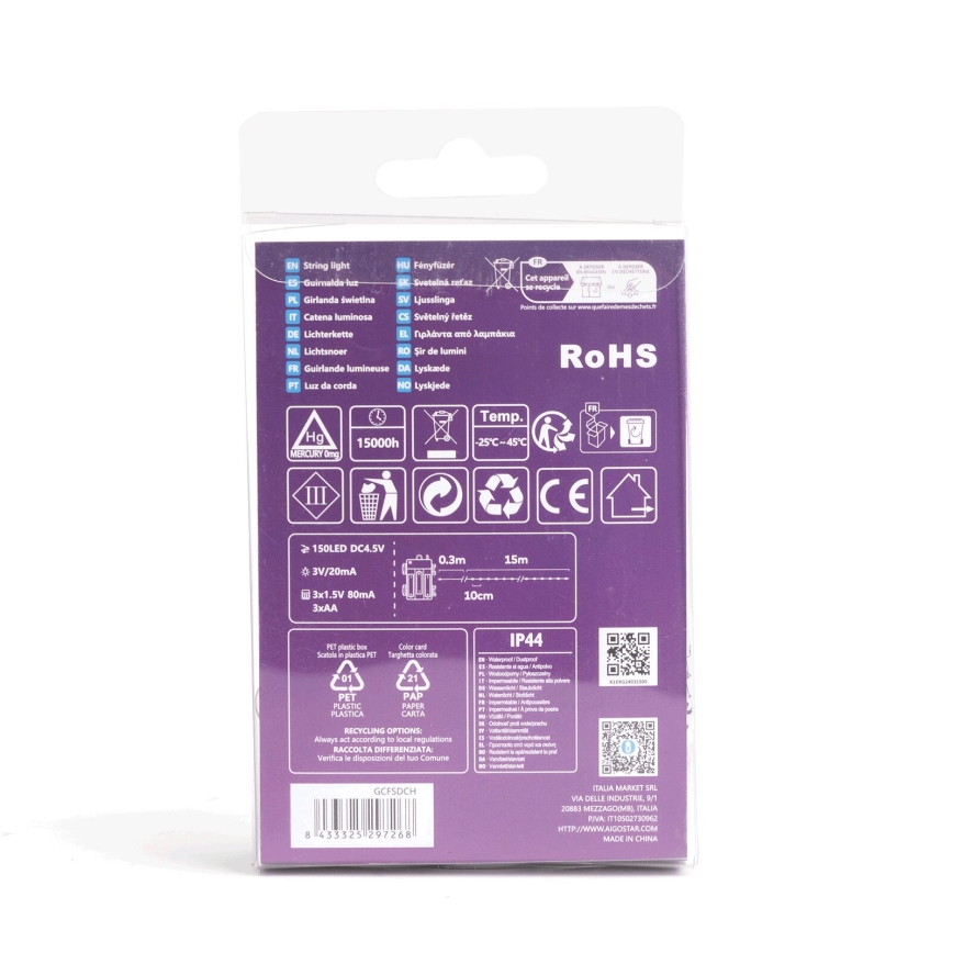 Aigostar - LED kültéri fényfüzér 150xLED/8 üzemmód/3xAA 15,3m IP44 hideg fehér