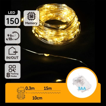 Aigostar - LED kültéri fényfüzér 150xLED/8 funkció 3xAA 15,3m IP44 meleg fehér