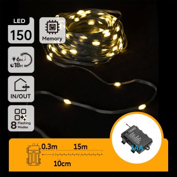 Aigostar -LED Kültéri fényfüzér 150xLED/8 funkció 3xAA 15,3m IP44 meleg fehér
