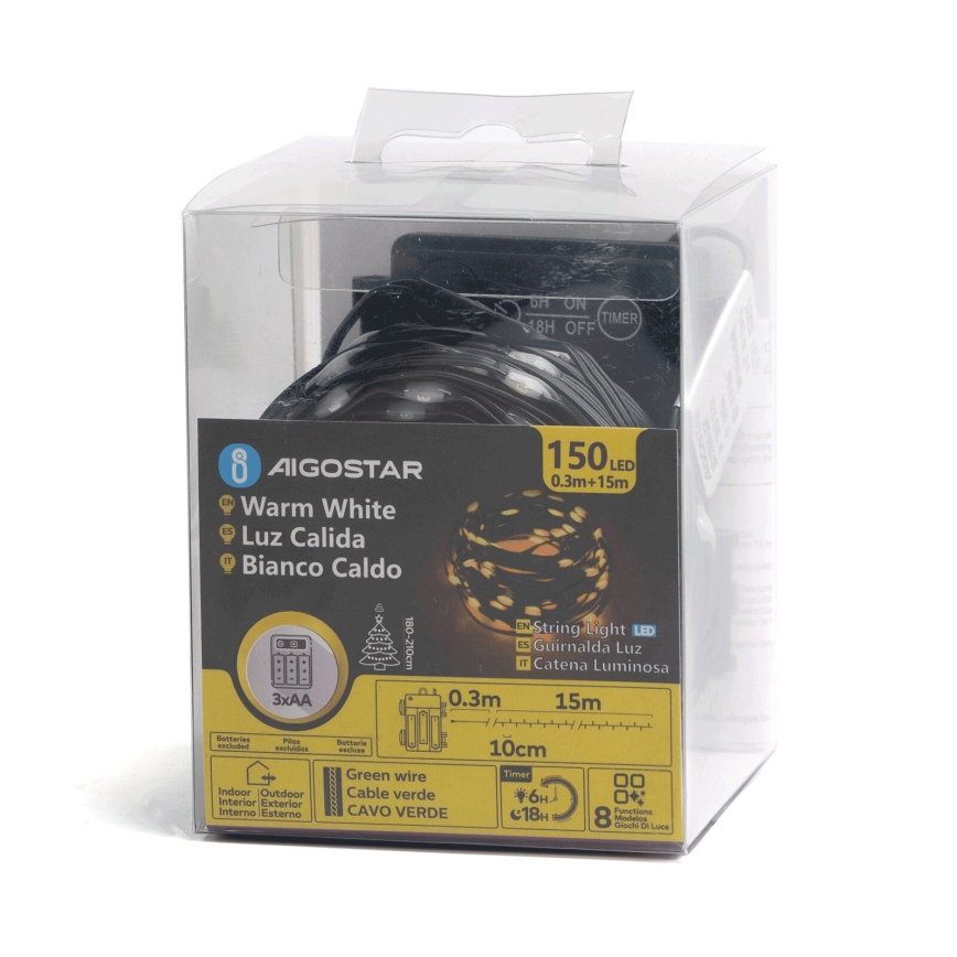 Aigostar -LED Kültéri fényfüzér 150xLED/8 funkció 3xAA 15,3m IP44 meleg fehér