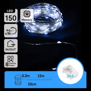 Aigostar - LED kültéri fényfüzér 150xLED/8 üzemmód/3xAA 15,3m IP44 hideg fehér