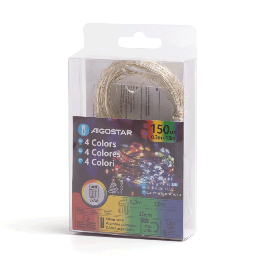 Aigostar - kültéri LED fényfüzér 150xLED/8 üzemmód/3xAA 15,3m IP44 többszínű
