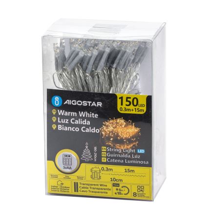 Aigostar -LED kültéri fényfüzér 150xLED/8 világítási mód 3xAA 15,3m IP44 meleg fehér