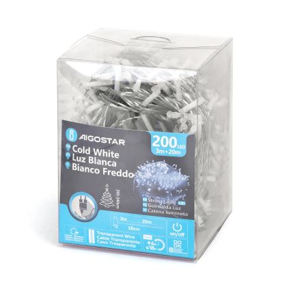 Aigostar - LED kültéri fényfüzér, 200 LED, 8 funkciós, 23 m, IP44, hideg fehér